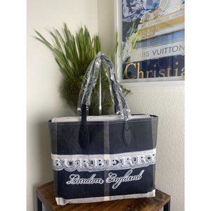 BURBERRY Reversible Coated Canvas Mega Check Medium Doodle Tote Black White